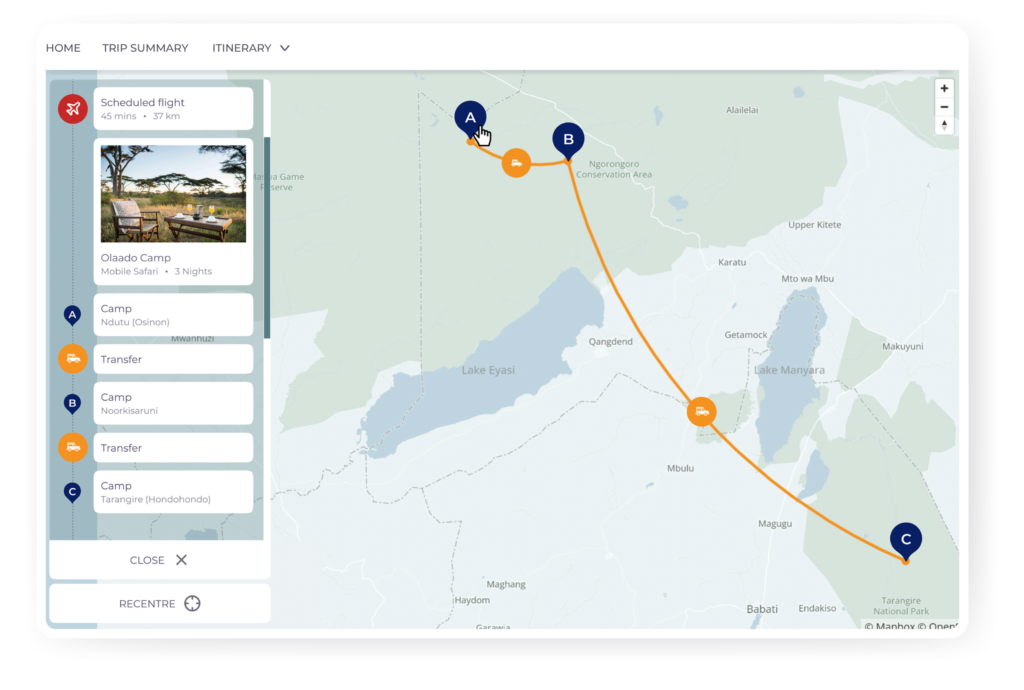 Wetu Discovery Itinerary output map that shows the travel stops when travellers are travelling on a mobile safari through Africa