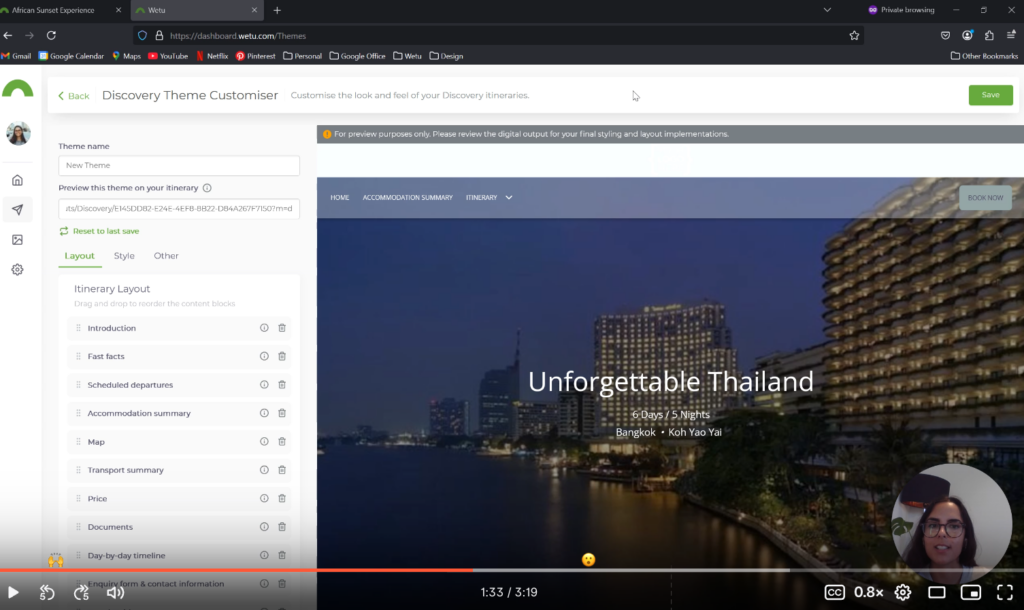 Wetu, UX/UI designer, Monica Oleastro taking viewers through the Wetu Discovery Theme Customiser which allows users to reorder, add and remove content blocks of the Discovery itinerary to create an itinerary that will be meaningful for travellers. The walkthrough video was recorded on Loom. 
