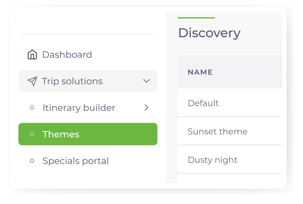 Wetu Platform screenshot of the Themes options in navigation bar