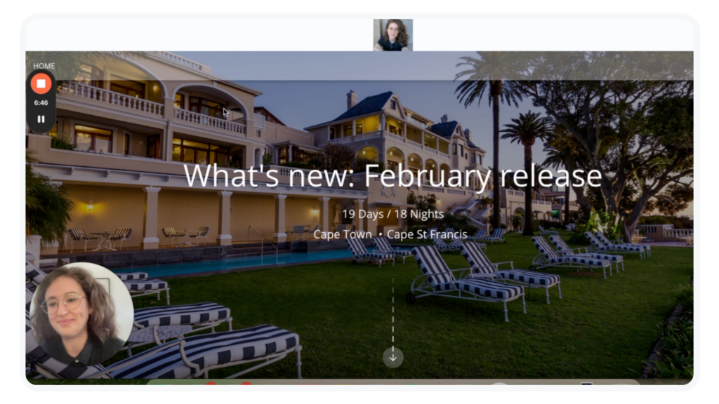 Screenshot from Loom recording of Wetu Product Manager Caitlin Spring going through the February product updates for the Wetu platform and Discovery Theme Customiser