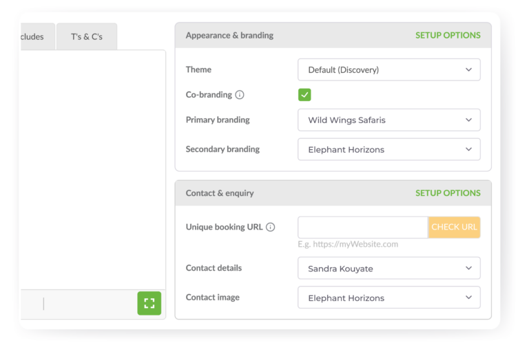 Enhanced Contact & Branding settings in the itinerary builder. Easily customize Appearance, Branding, and Contact details for a seamless, branded travel experience