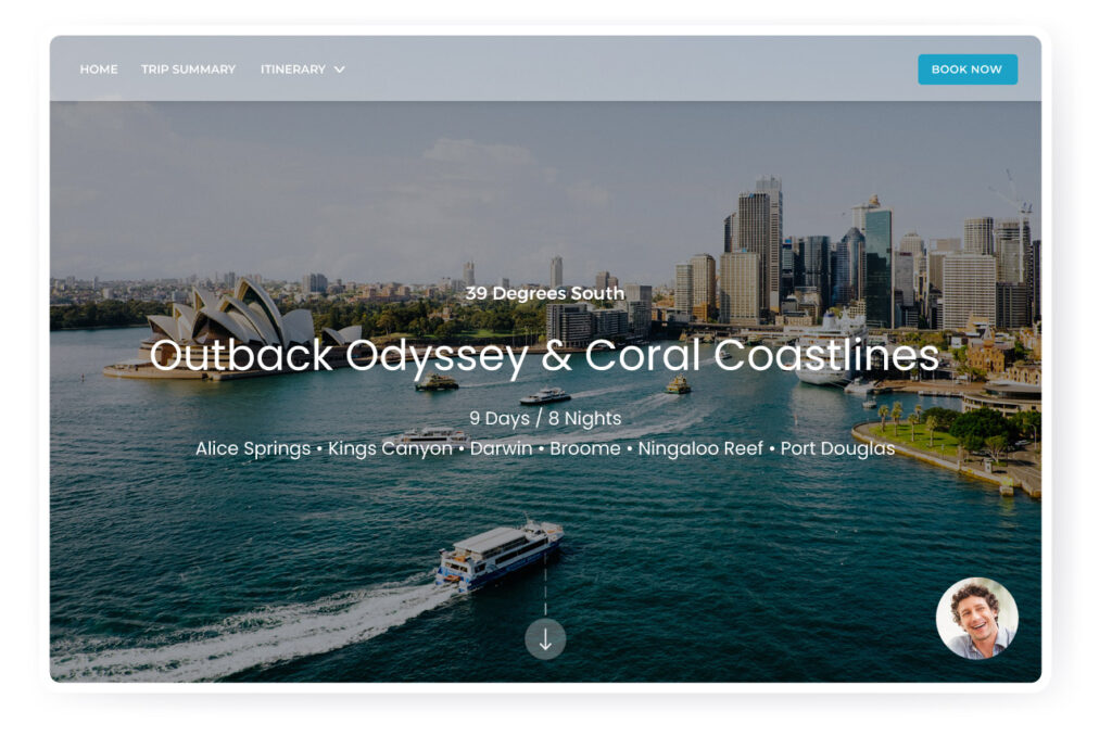 Wetu Discovery itinerary output landing page with an aerial view of Sydney Harbour with the Opera House and city skyline, showcasing a cruise boat setting off on an Australian coastal and outback adventure.
